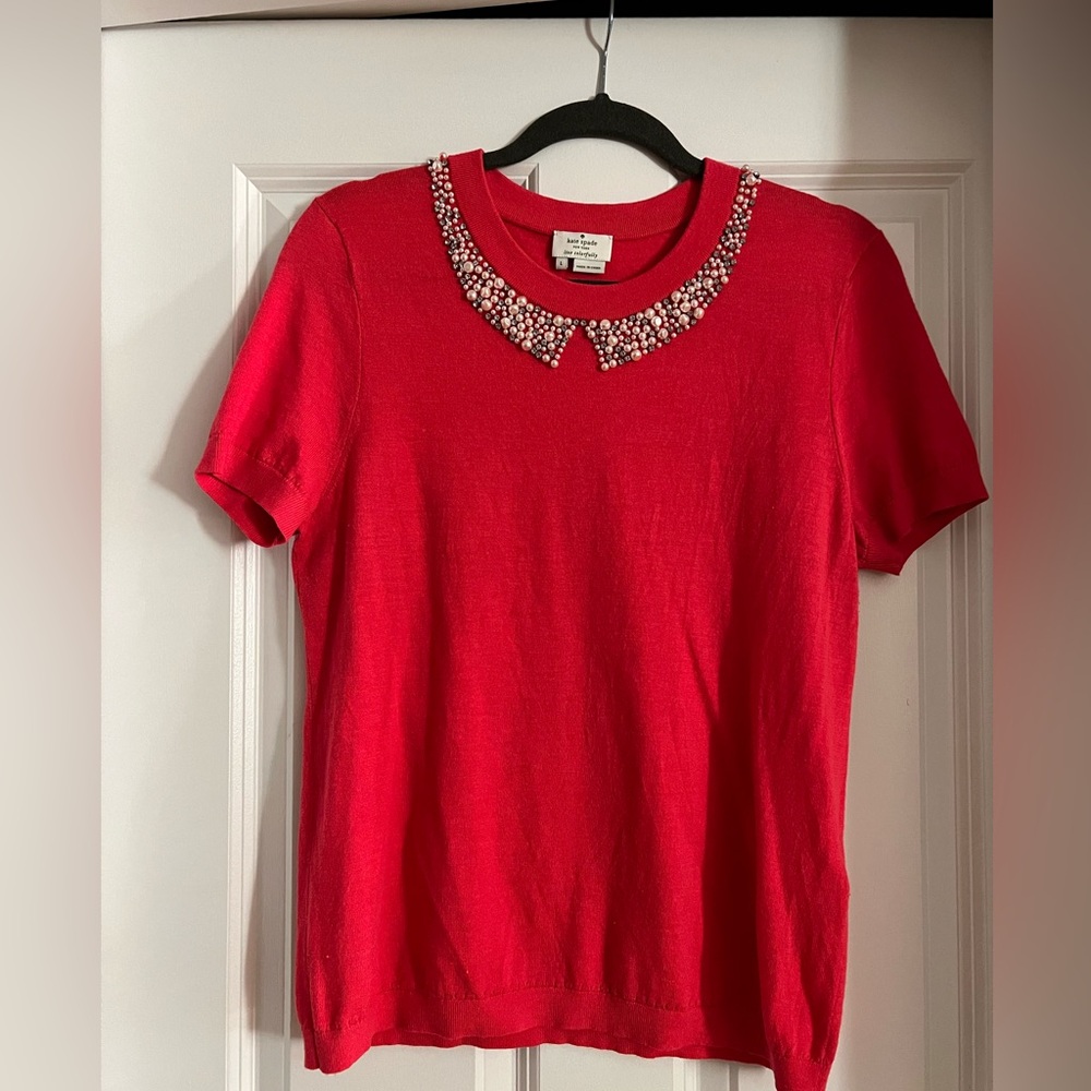 Kate Spade Coral-Pink sweater w/ jeweled Peter Pan collar, Large